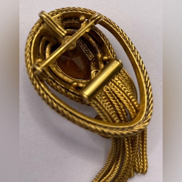 Vintage Signed Florenza Gold Tone Etruscan Revival Brooch Pin Topaz Crystal - Picture 8 of 11